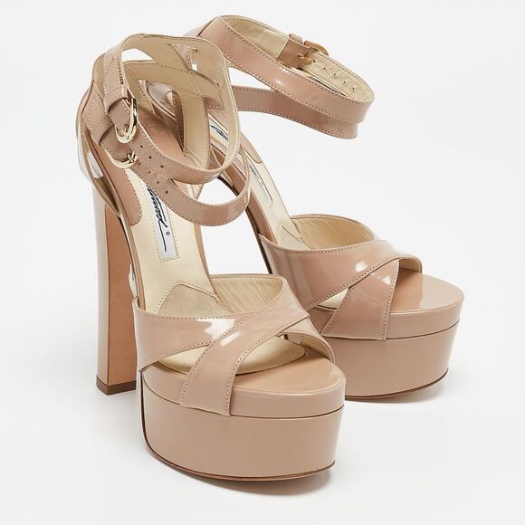 Brian Atwood Beige Patent Leather Carmen Platform Sandals Size 37.5 - Picture 4 of 7